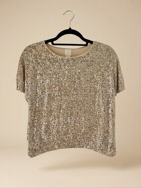 H&M Champagne Gold Sequin Short Sleeve Top Size XS​